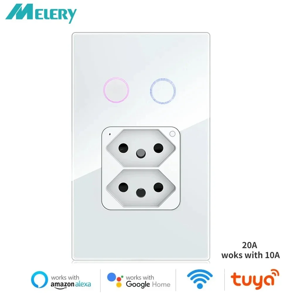 Melery Tuya Brazil Light Switch Wifi Smart Dual Wall Socket 20A Plug Outlet Touch Sensor Glass Panel Remote by Alexa Google Home