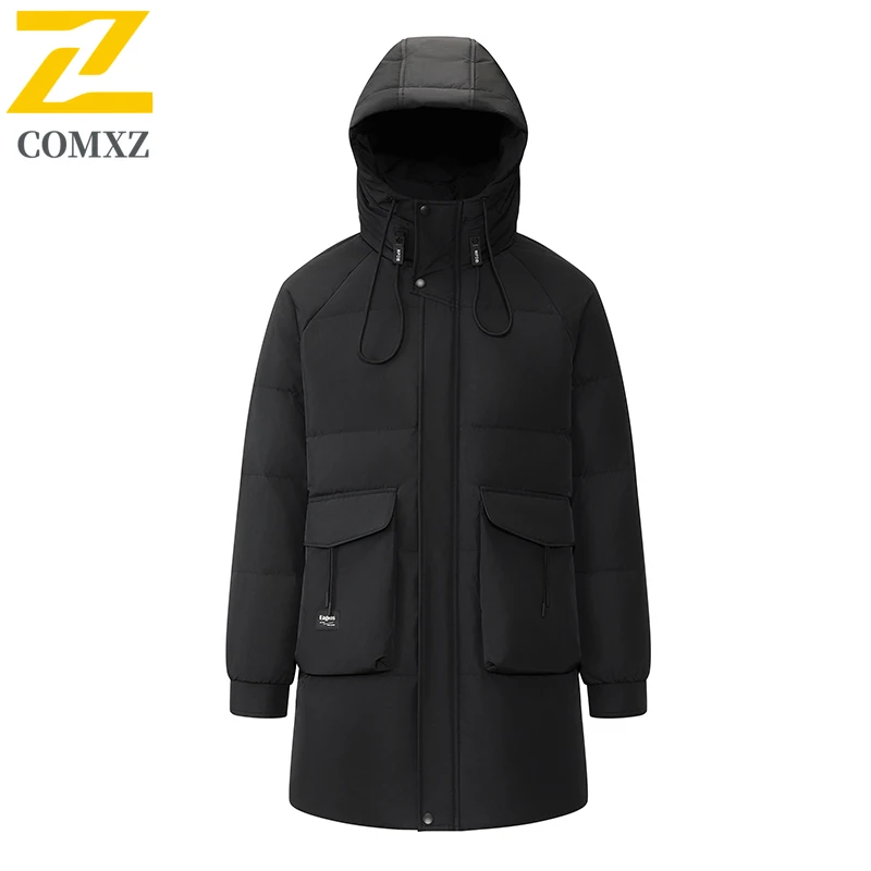 COMXZ 2025 Winter Down Jacket Male Duck Down Hooded Long Camping Cold Protection Down Jacket Coldproof Thickened New Garment