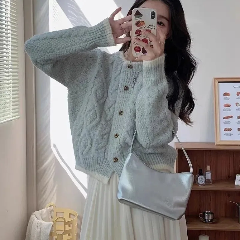 

Women Clothes Autumn Winter Fashion Casual Button Solid Color Knitting O-neck Women All-match Fashionable Sweater Cardigan Tops