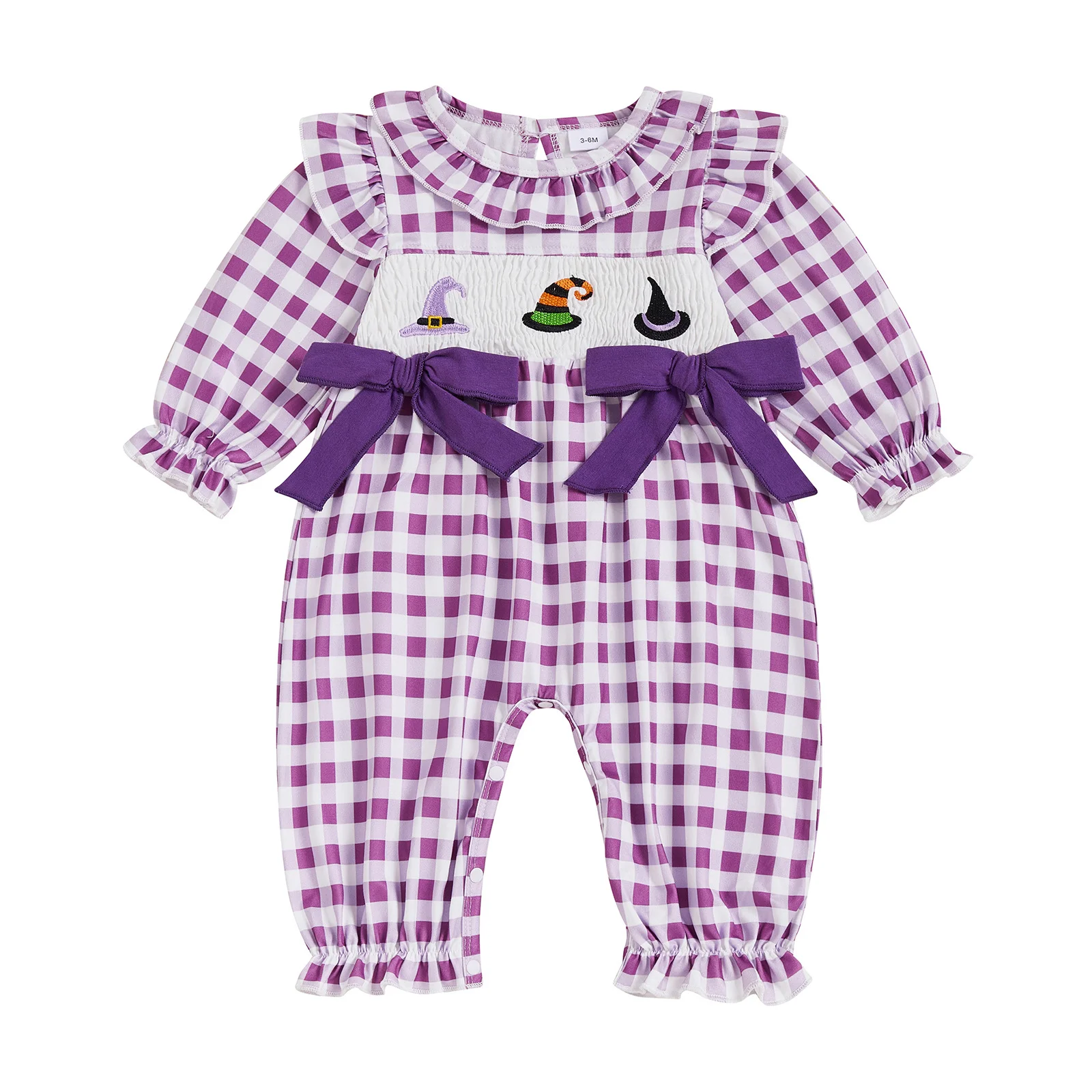 New Plaid Long Sleeve Baby Rompers Bowknot Shirred Smocked Halloween Jumpsuit for Infants Ready to Ship