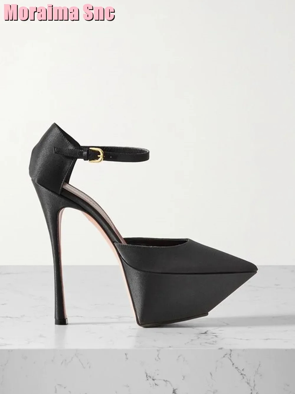 Platform Black Satin Pointed Toe Sandals Stiletto Super High Heel Ankle Buckle Strap Shallow Sexy Women Shoes Summer Black Solid