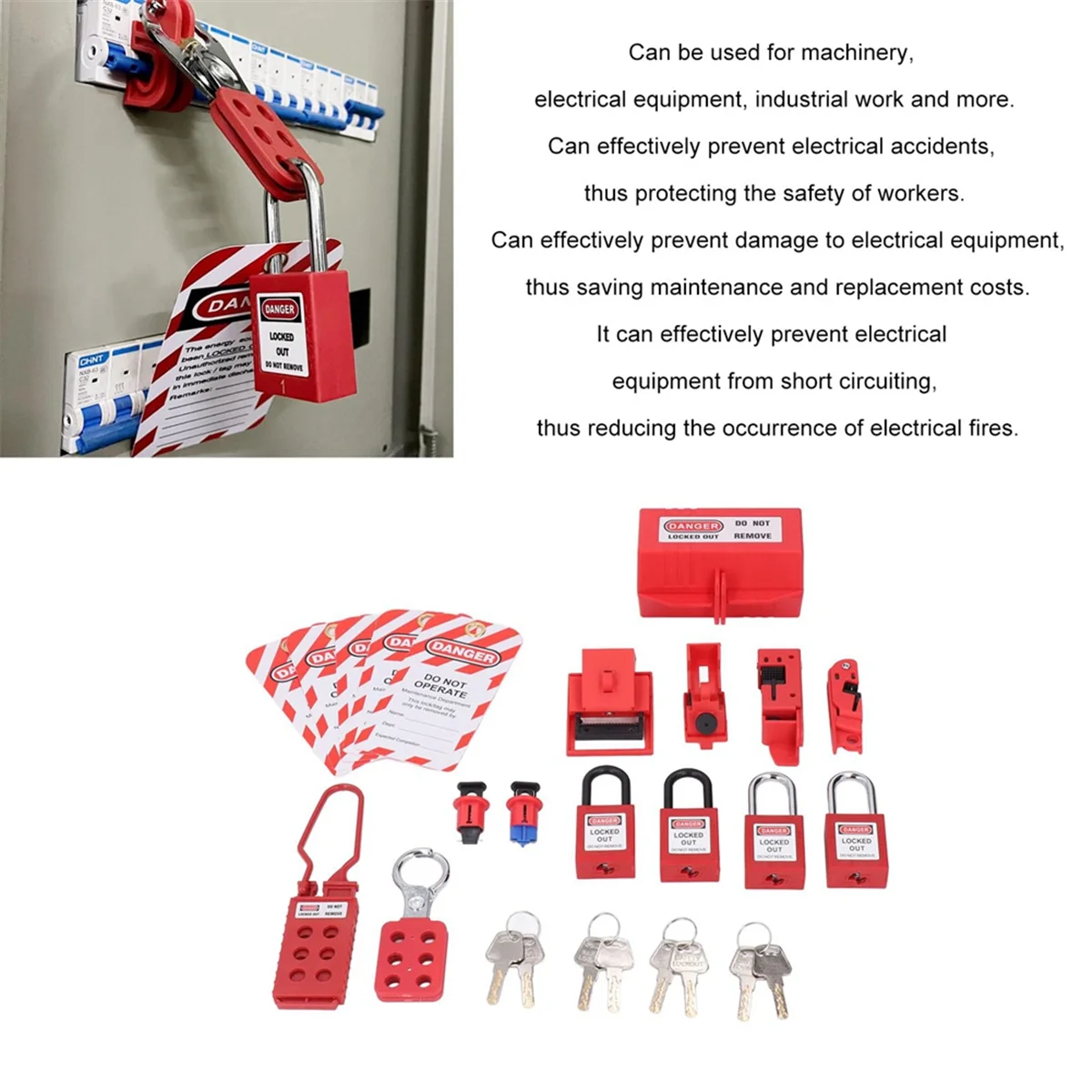 

A05RP Electrical Lockout Tagout Kit, Universal Clamp on Circuit Breaker Lockouts Loto-Safety Locks Hanging Tags Set