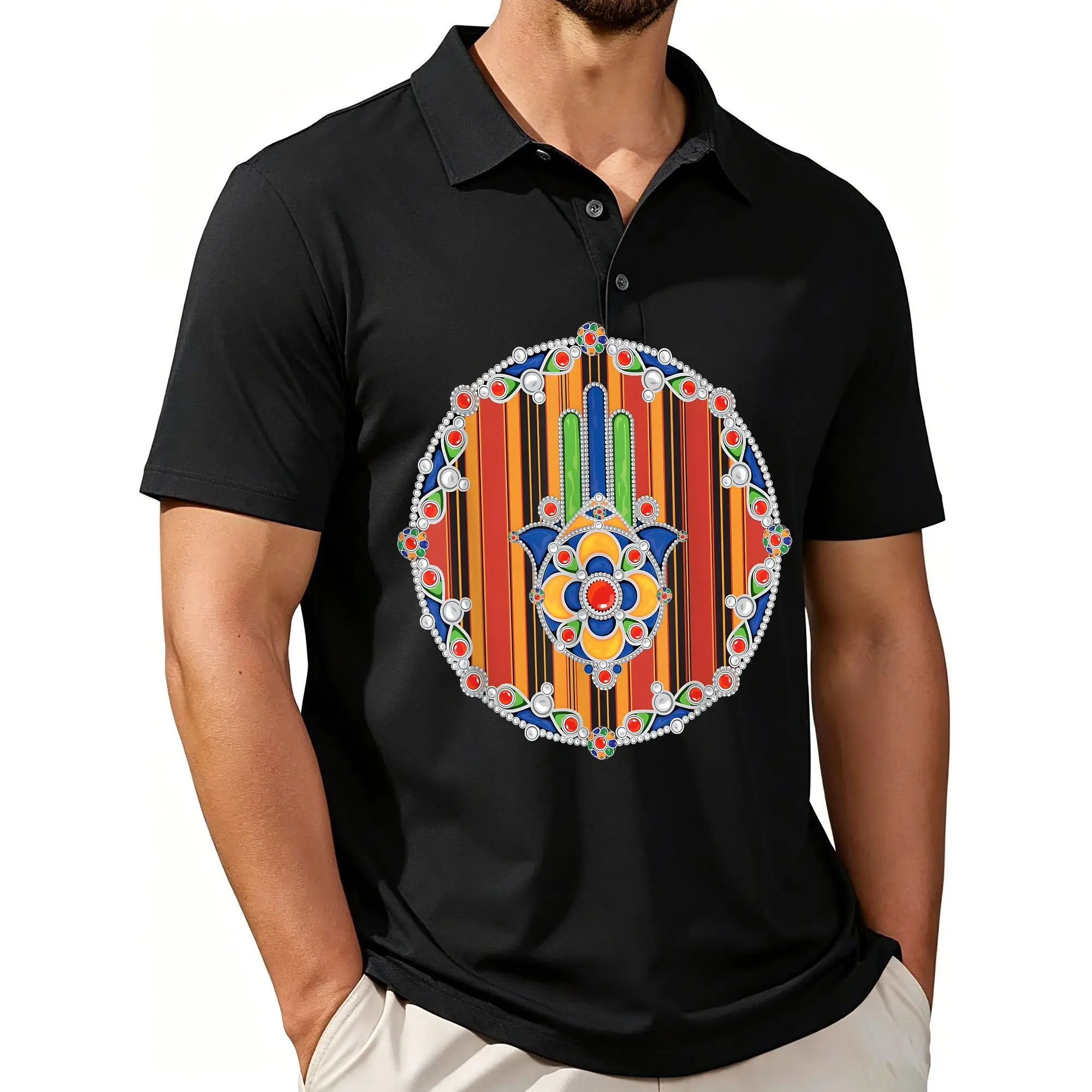 Men's Printed Short-Sleeved Polo Shirt with the Hand of Fatima and Kabir Jewelry Art Pattern, Stylish and Casual Design, Breathable Fabric, Suitable for All Seasons.