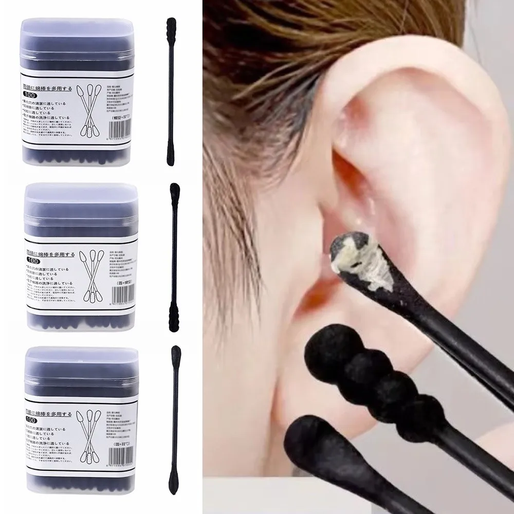 100 قطعة مسحات قطنية سوداء جديدة للاستعمال مرة واحدة شكل حلزوني منظف الأذن الناعم برأسين تنظيف برعم القطن أدوات العناية بالبشرة الجمال #1