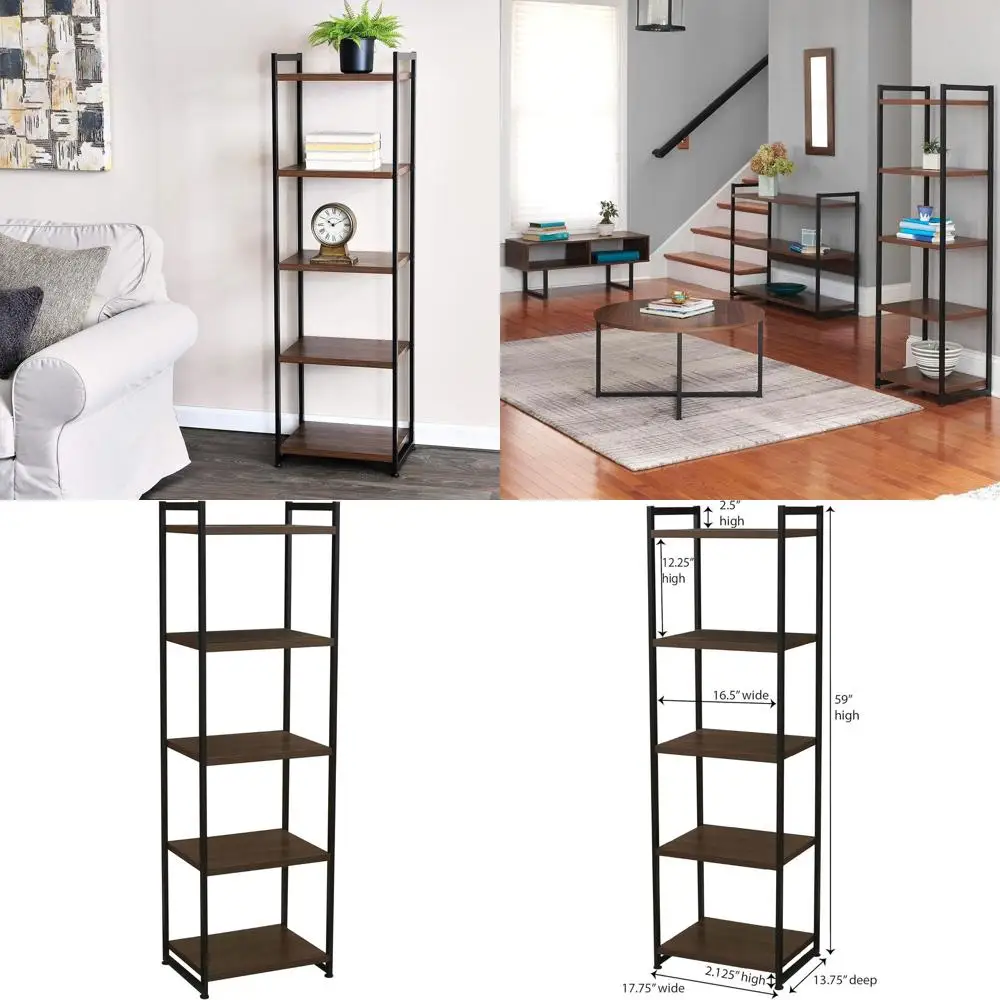 

Открытая 5-ярусная книжная полка Mid Century из орехового дерева и черного металла от Household Essentials Jamestown