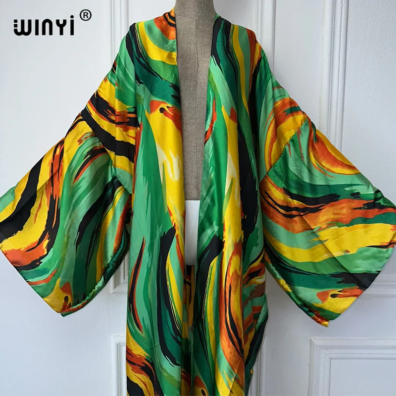 WINYI Kimono Summer Abstract oil painting print Cardigan Female Blouse abaya cover up beach women boho maxi dress party kaftan