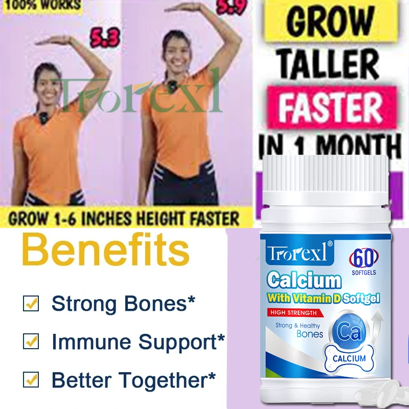 Height Growth Softgel for Adult Kids, Growing Taller Pills, Best D3 Vitamins Calcium for Grow Taller, Bone Health