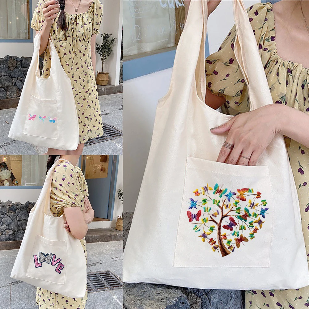 Women's Shopper Shopping Bags Canvas Commuter Vest Bag Printed Butterfly Pattern Grocery Handbags Eco Messenger Tote School Bag