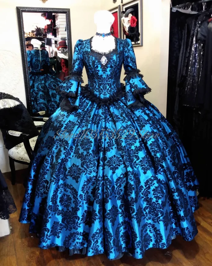 Vestido De graduación gótico Vintage azul Medieval victoriano con apliques De corbata De encaje, cuello cuadrado, fruncido, manga acampanada, tutú De princesa, bata De Bal