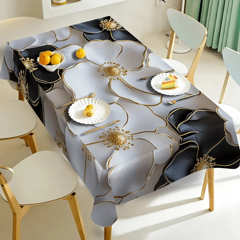 Eine elegante, florale Tischdecke aus Polyester – moderne, luxuriöse gold-schwarze rechteckige Tischdecke, geeignet für Hochzeiten.