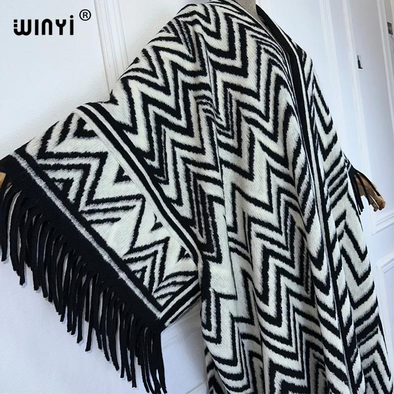 WINYI Winter Women Fringed cardigan abaya dubai luxury Coat Loose OverCoat Thick Warm Female winter outerwears long down dress