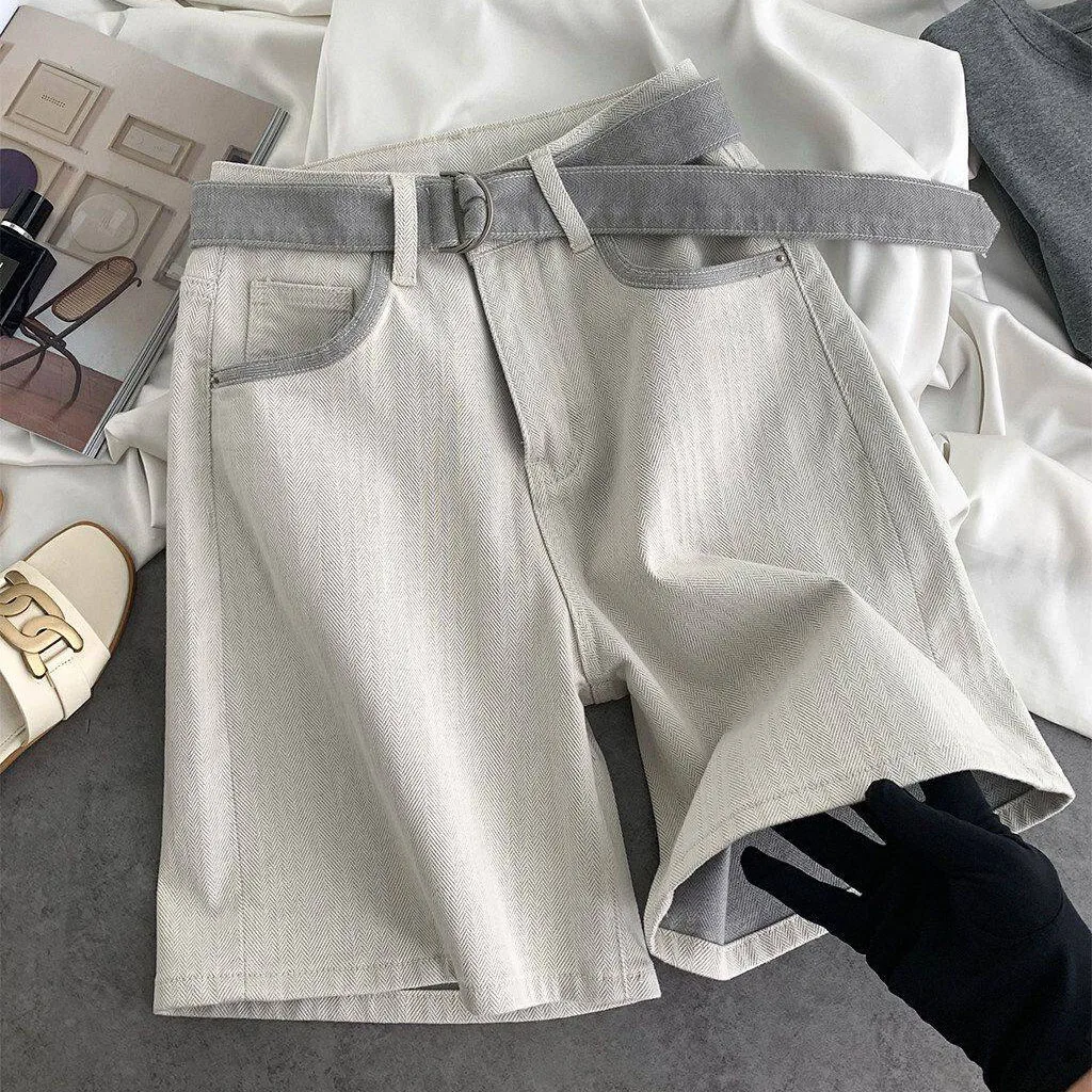 Summer French Retro Women's Denim Shorts Casual Fashion Straight Leg Loose Light Gray Contrasting Color Knee-length Jeans