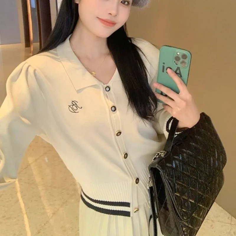 Autumn Knitted Skirt Suits Women College Style Single-breasted V-neck Cardigan Tops with A-line Pleated Skirt Y2k Girls 2pcs Set