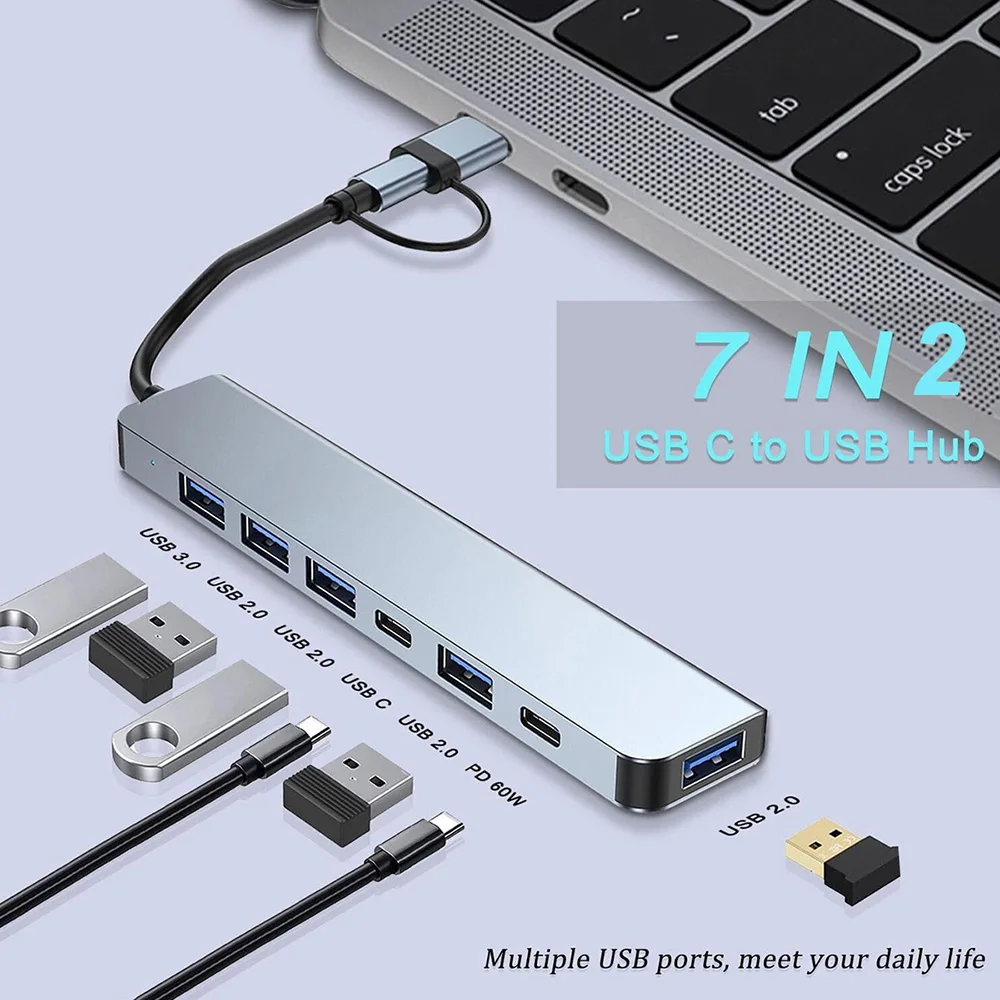 7-in-1-USB-Hub aus Aluminium, USB-C-Hub mit USB 3.0-Multiport-USB-Splitter-Adapter mit 5 USB- und 2 USBC-Anschlüssen für MacBook, iPad, Laptop