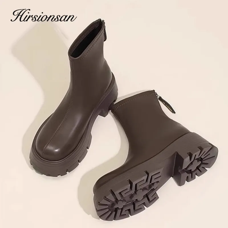 Hirsionsan Autumn Winter Women Ankle Boots Platform Zip Up Casual Shoes Retro Oxfords Female Waterproof Thick Boots Footwear