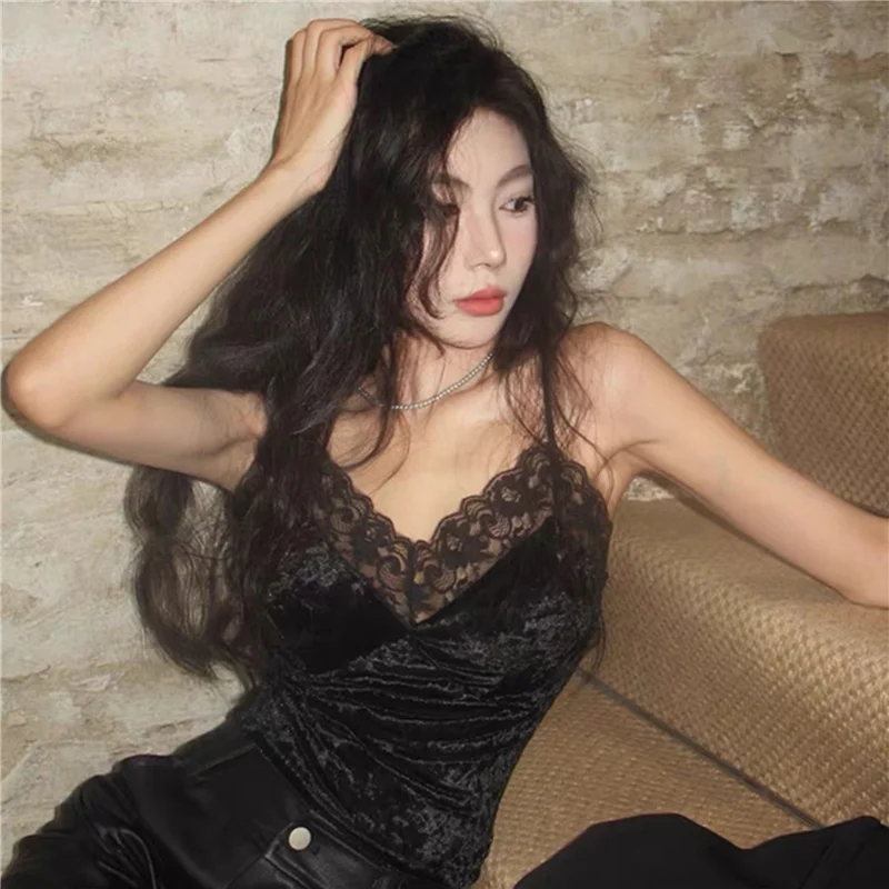 Faionable Gold Velvet Lace Trim Design Strap Vest Women's Autumn Winter Slimming Slim Fit Beautiful Ba Top Nylon Spandex