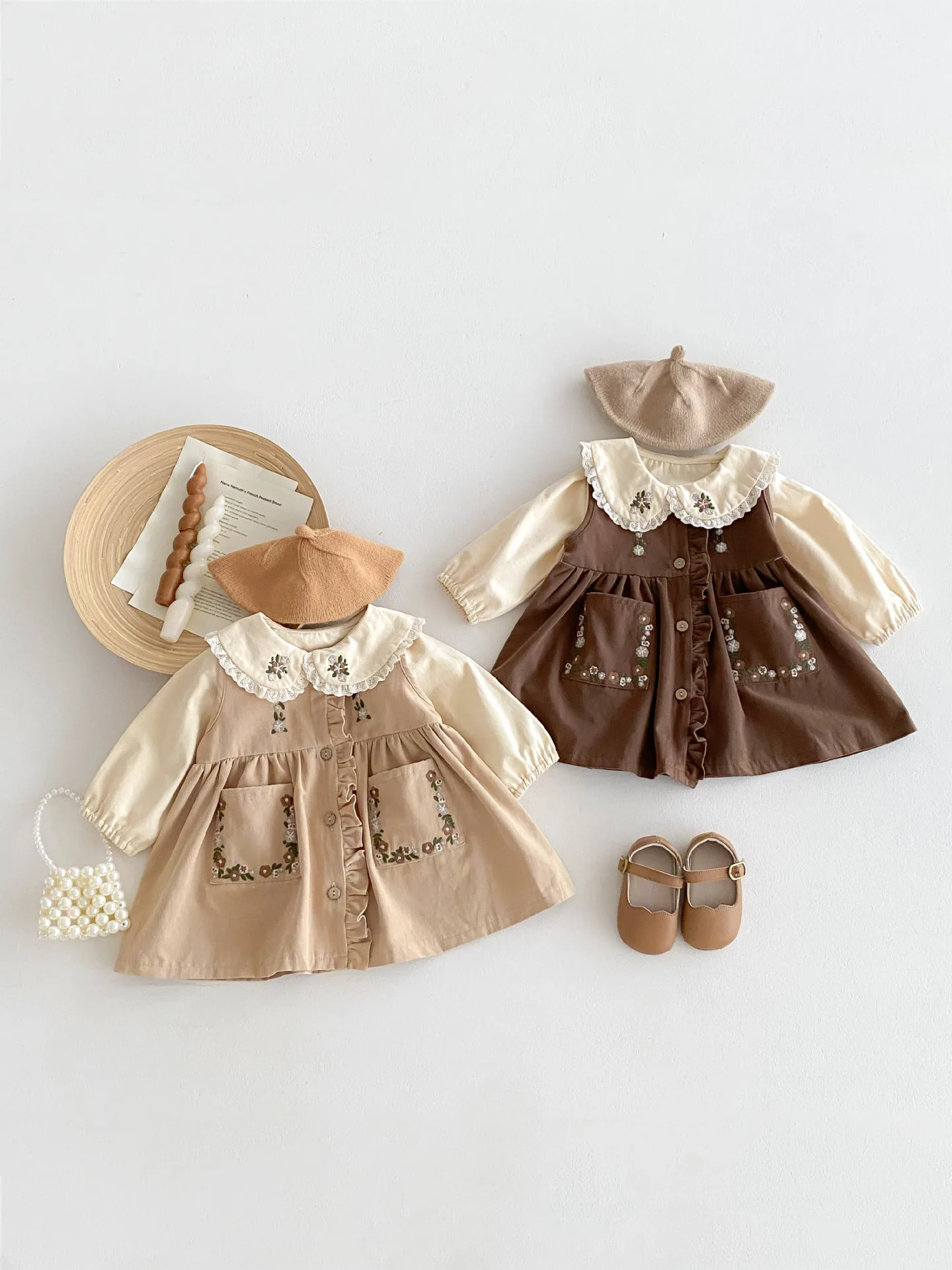 Girls Autumn 2025 New Two-piece Children\'s Fashion Fungus Edge Embroidered Mori Vest Dress Girls Dress
