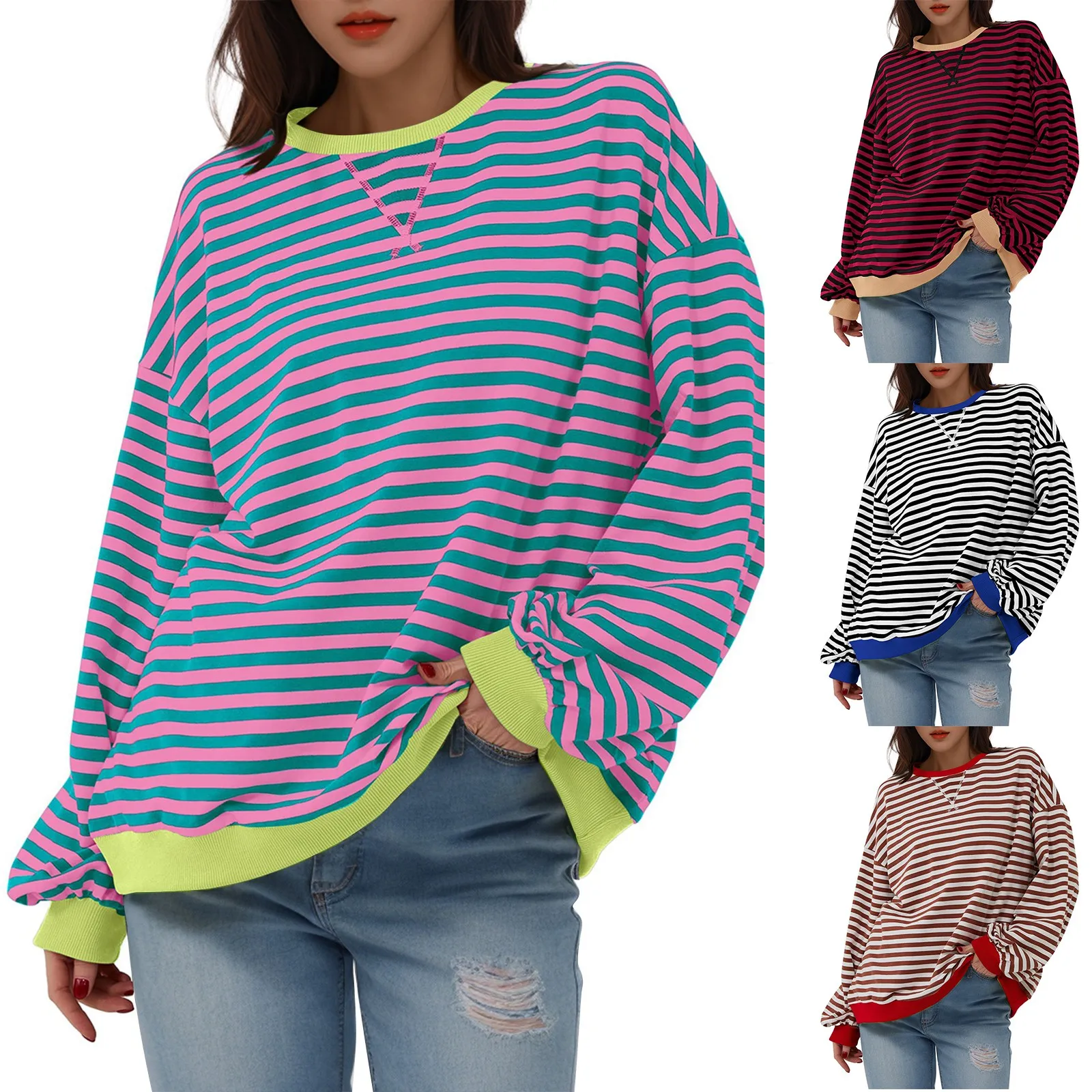 Women\'s Oversized Striped Color Blocking Long Sleeved Round Neck Sports Shirt Casual Loose fashion 2024 women\'s clothing