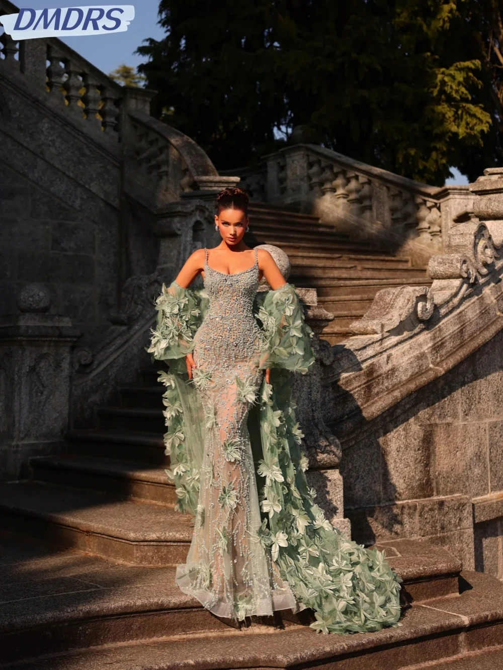 

Dazzling Beaded 3D Flower Evening Dress With Shawl Illusion Mermaid Long Wedding Party Gown Customized Luxurious Prom Dresses