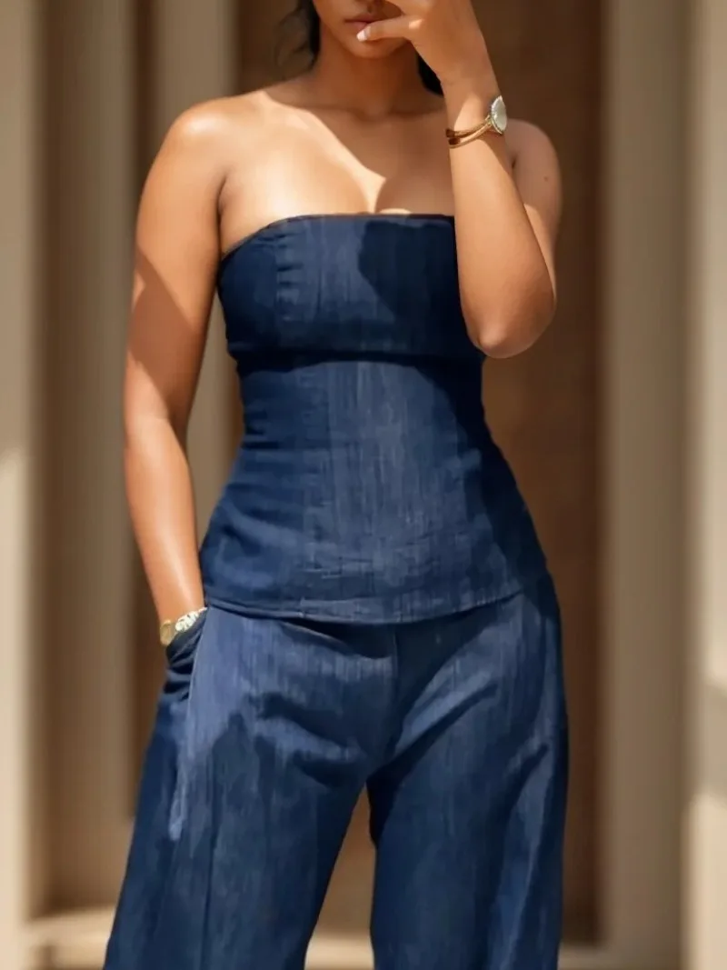 Fashion Pants Suit 2026 Summer New Women's Casual Denim Chest Wrap Strapless Tops Casual Pants High Street Women Two Piece Sets