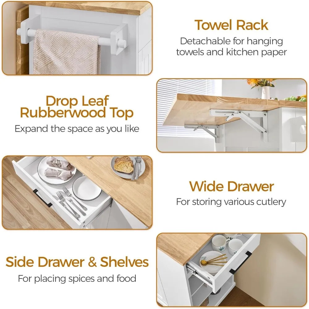 عربة جزيرة المطبخ المتدحرجة مع أوراق متدلية، وبار إفطار من الخشب المطاطي المحمول مع خزانة تخزين، وأرفف مفتوحة #5