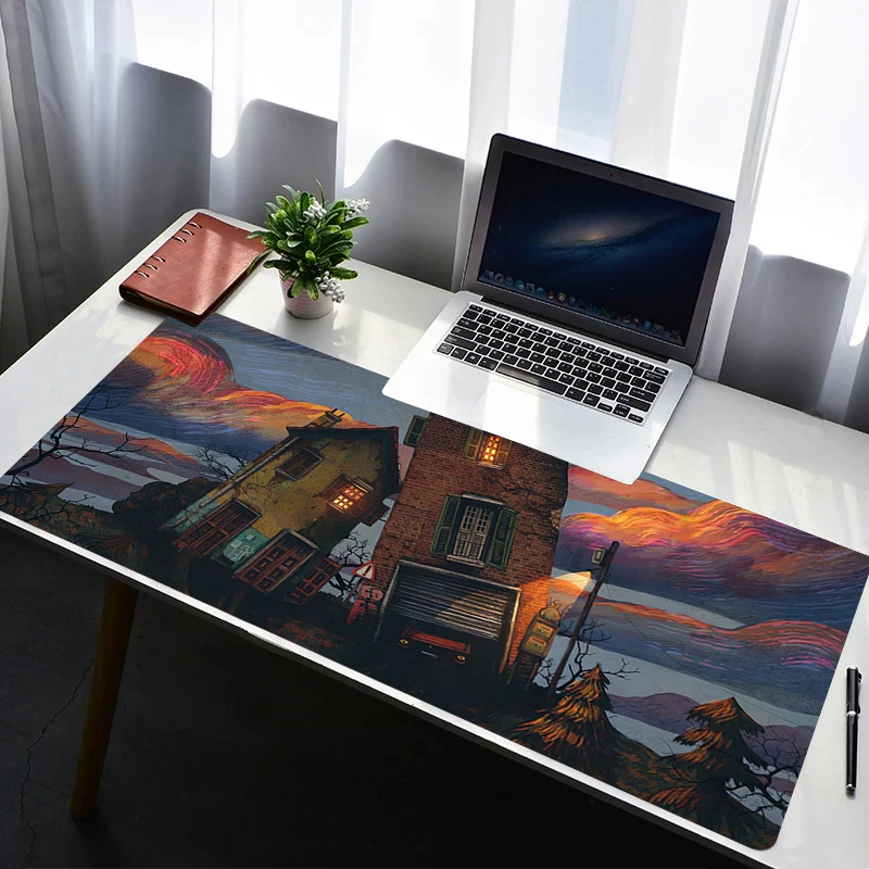 Mauspad Erweitertes Gaming Cartoon City Mousepad mit genähten Kanten Schreibtischunterlage Rutschfeste Basis Computer Tastatur Pad für Laptop