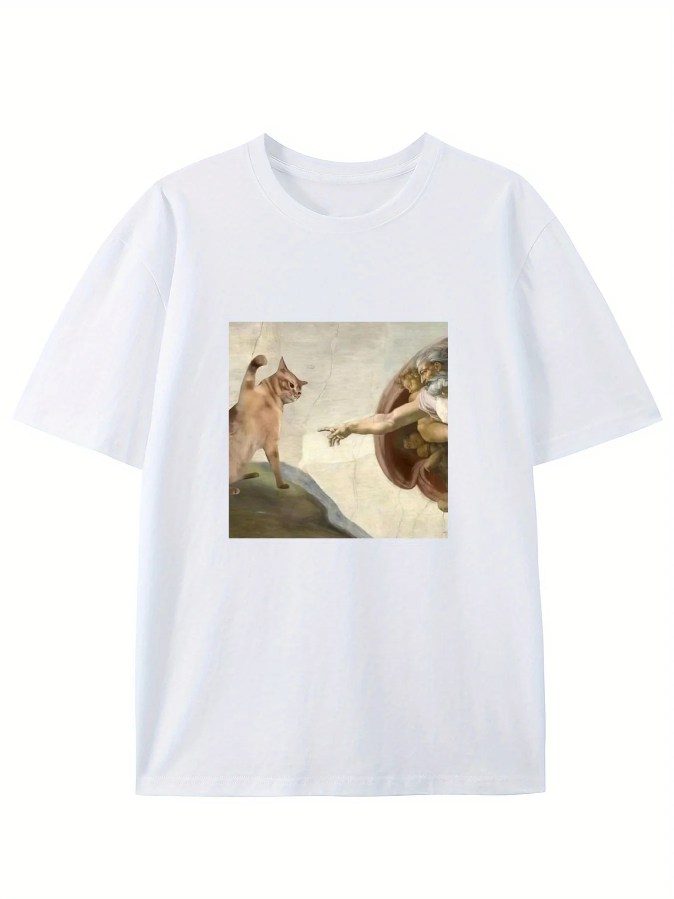 Humorvolle Katze und Adam Creation Parodie Grafik T-Shirt Regelmäßige Harajuku Ärmel Lässige Damenbekleidung Straße Ästhetische Kleidung