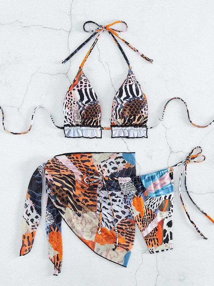 Vzvn Fashion Sexy Lace Up Leopard Bikini Women Split Swimsuit Beach Bikini 2026 New All Season Backless Bikinis Mesh 3 Piece Set