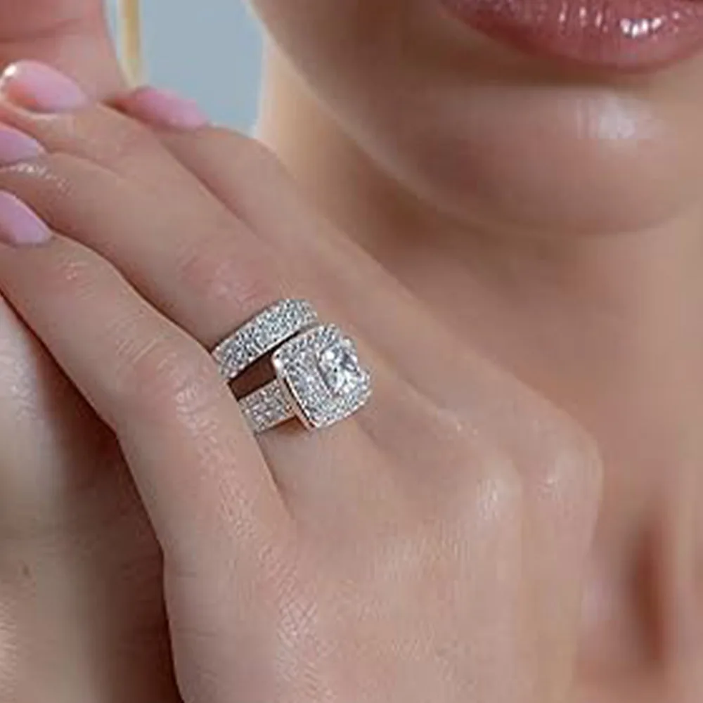

925 Sterling Silver Womens Two Piece Ring Set Luxury Princess Square Design Stackable or Single Wear