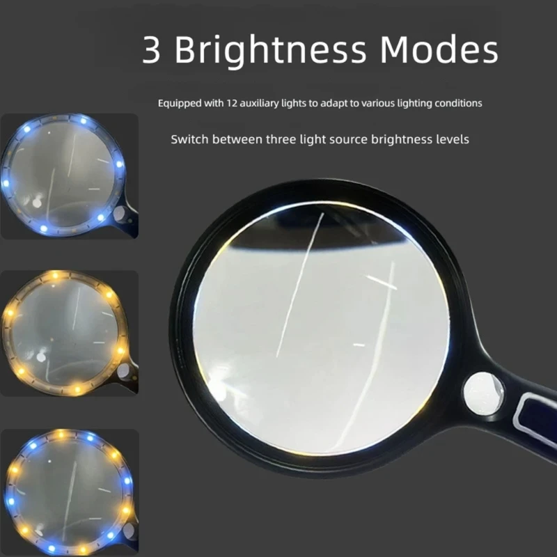 Lighted Handheld Reading Glass With Large Viewing Lens, Rechargeable Reading Aid With Three-Way Light for Older Adults, M4YD