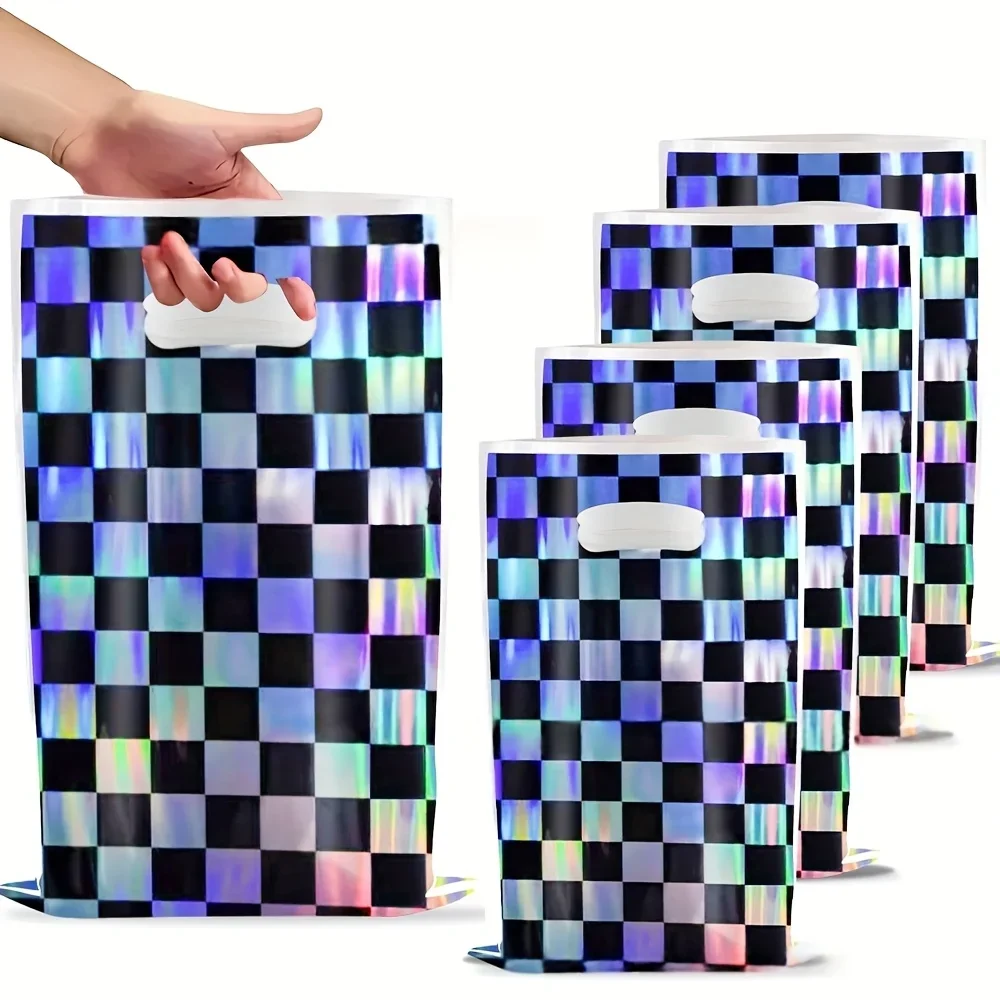 Sacs cadeaux en plastique noir à motif laser 10/20/30 pièces, sacs de fête sur le thème de la course, fournitures pour événements sportifs, décorations d'anniversaire