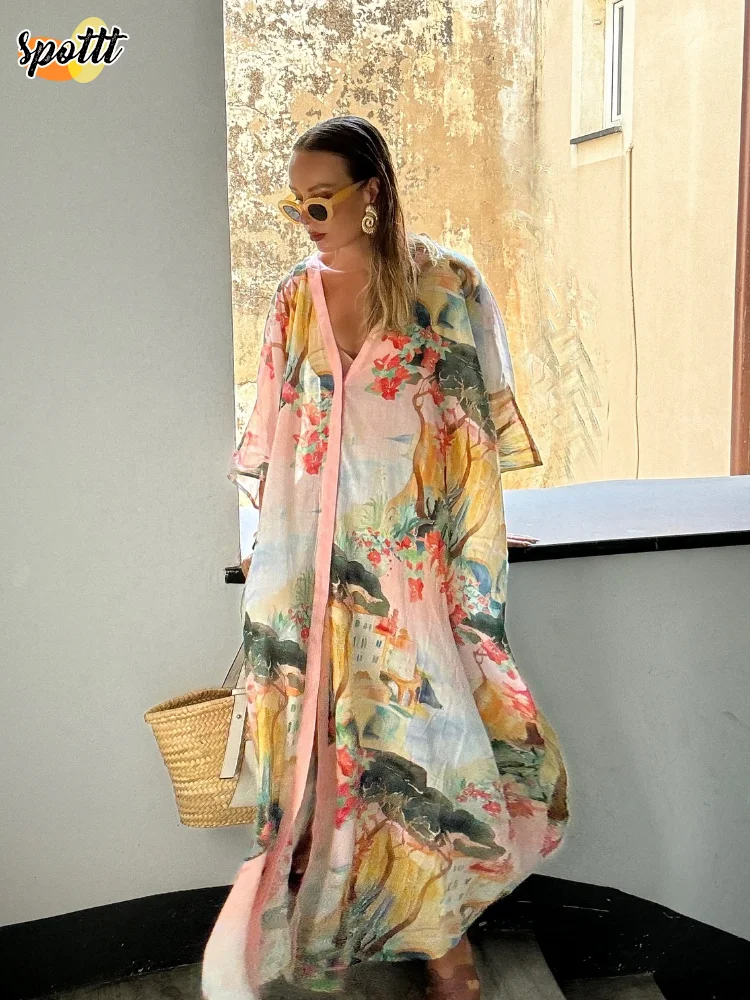 

Lady Casual Loose Chic Print Half Sleeve Dress Women Elegant V Neck Slit Button Midi Dresses 2024 New Early Autumn Holiday Robes