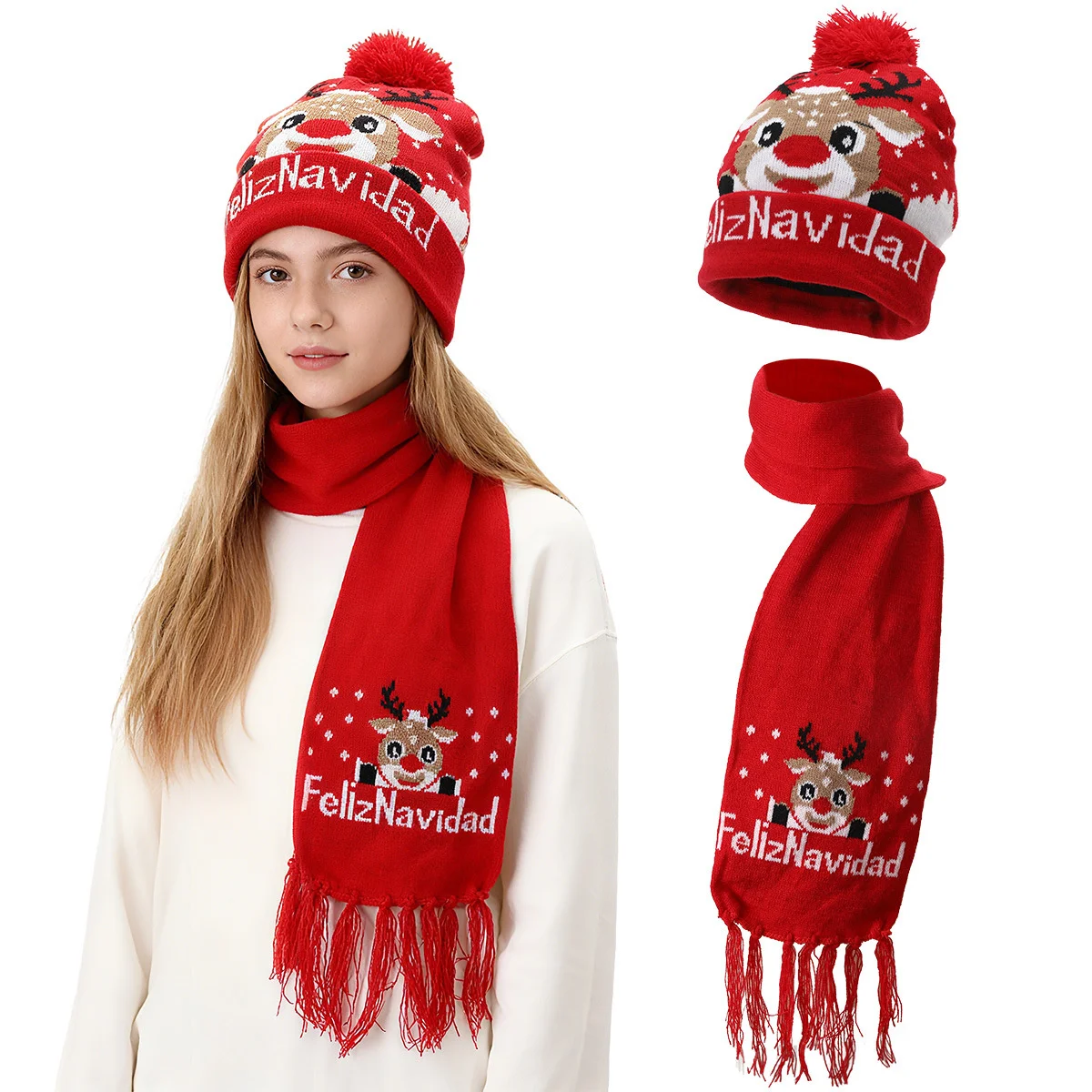Christmas Knitted Hat Scarf Set with Reindeer Jacquard 2025 New Warm Winter Set Stock Available