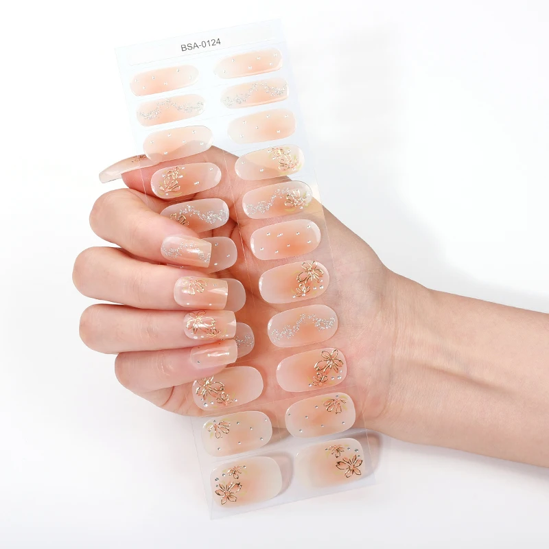 22 Tipps Farbverlauf Glitter Gel Nagel Streifen Volle Abdeckung Frühling Sommer Blumen Backen-Freies Gel Nagel Aufkleber DIY Maniküre Dekoration