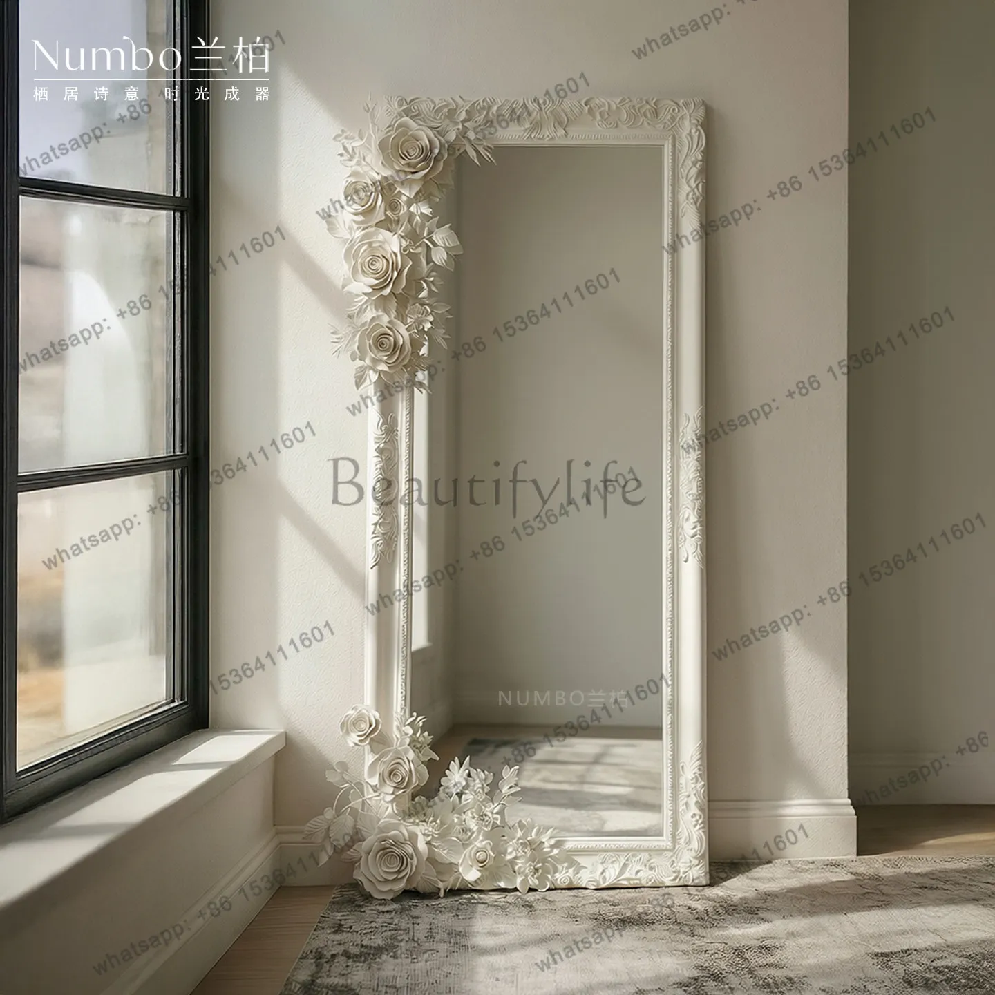 LS French retro rectangular thin full-length mirror three-dimensional flower decoration floor-to-ceiling mirror against the wall
