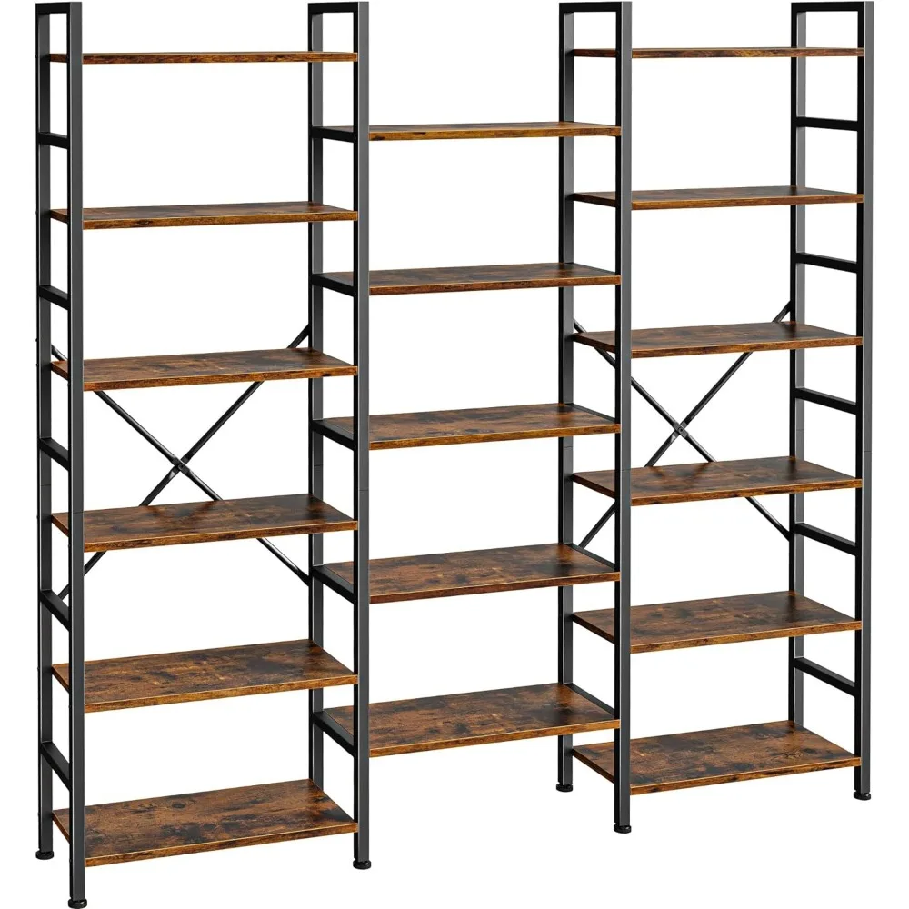 Triple 6 Tier Bookshelf, Bookcase with 17 Open Display Shelves, Wide Book Shelf Book Case for Home & Office, Rustic Brown