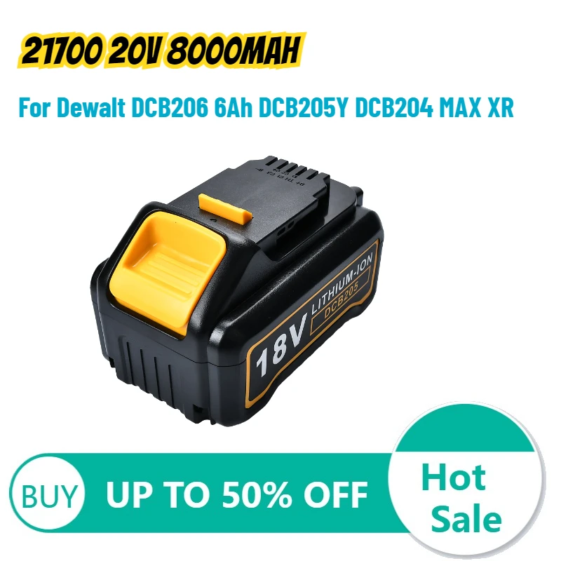 

21700 20V 8000mAh Lithium Battery for Dewalt DCB206 6Ah DCB205Y DCB204 MAX XR Power Tools Wrenches Electric Drills