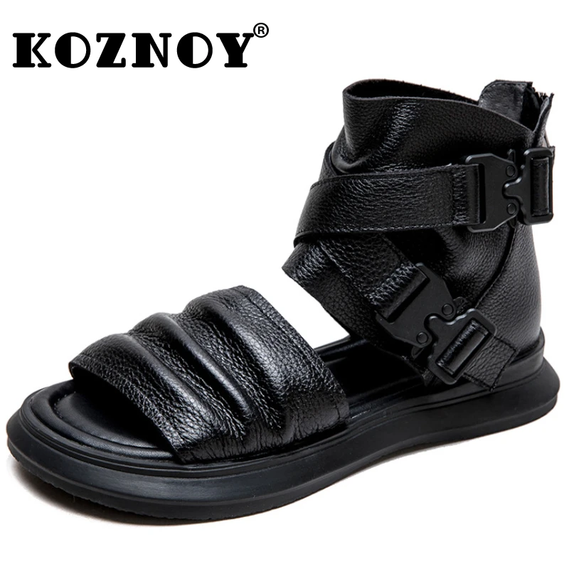 

Koznoy 3cm Genuine Leather Moccasins Ankle Booties Sandals Boots Women Motorcycle Buckle Fashion Summer Hollow Peep Toe Shoes