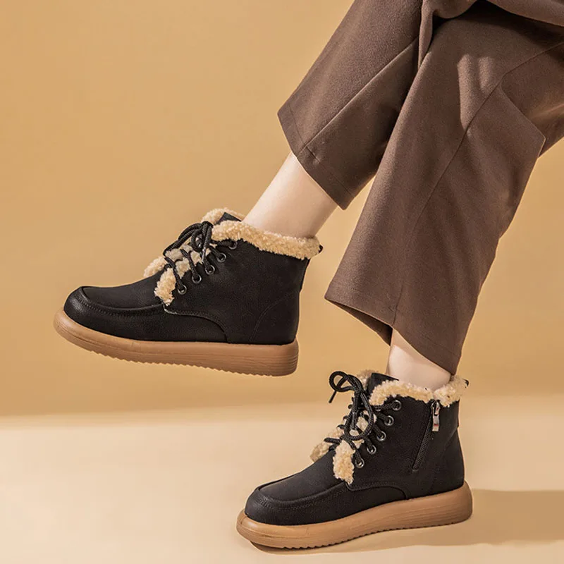 النساء أحذية الثلوج جلد طبيعي الشتاء الأحذية الدانتيل متابعة صوف الضأن الشتاء الدافئ السيدات أحذية جولة تو شقة أحذية بوت قصيرة WSH5243 #5