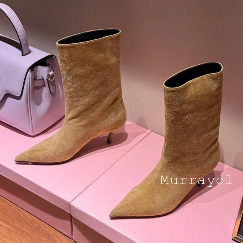 2025 جديد جلد طبيعي مثير منتصف العجل بوتاس النساء أشار تو هريرة الكعوب أحذية بوت قصيرة ربيع الخريف الأحذية الحديثة الموضة