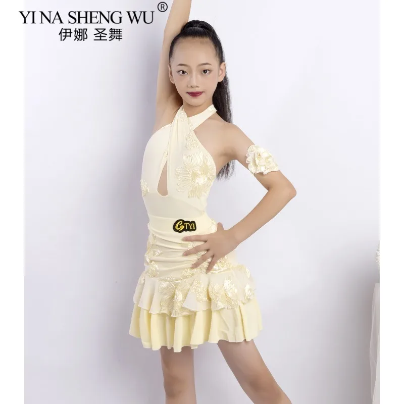 جديد طفل فستان رقص اللاتينية أكمام الرسن ارتداءها تنورة مجموعة الفتيات أوف وايت عارية الذراعين فستان الرقص المنافسة أداء ارتداء