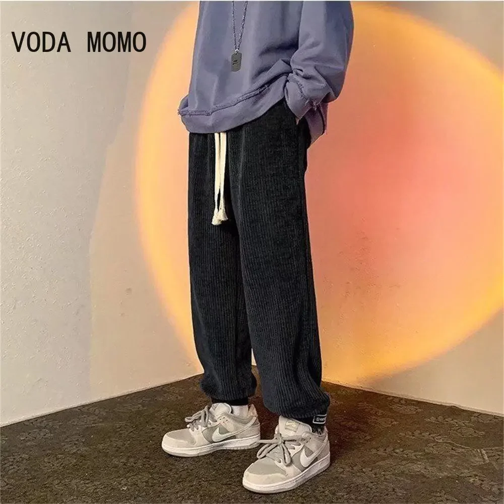 

Men Casual Pants Solid Corduroy Straight Trousers Male Loose Ins Chic Elastic Waist Trendy Korean Style Streetwear pants men