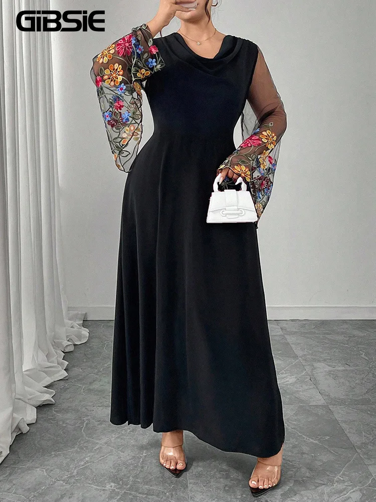 GIBSIE Plus Size Embroidery Mesh Sleeve Swinging Collar Dress Women Summer Autumn Black Elegant A-line Party Long Dresses 2026