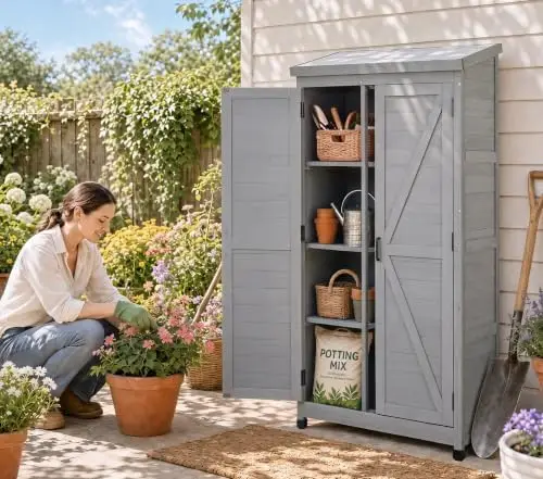 68'' Outdoor Storage Cabinet, Wooden Garden Tool Cabinet with Metal Top | Large Vertical Storage, Metal Work Supface