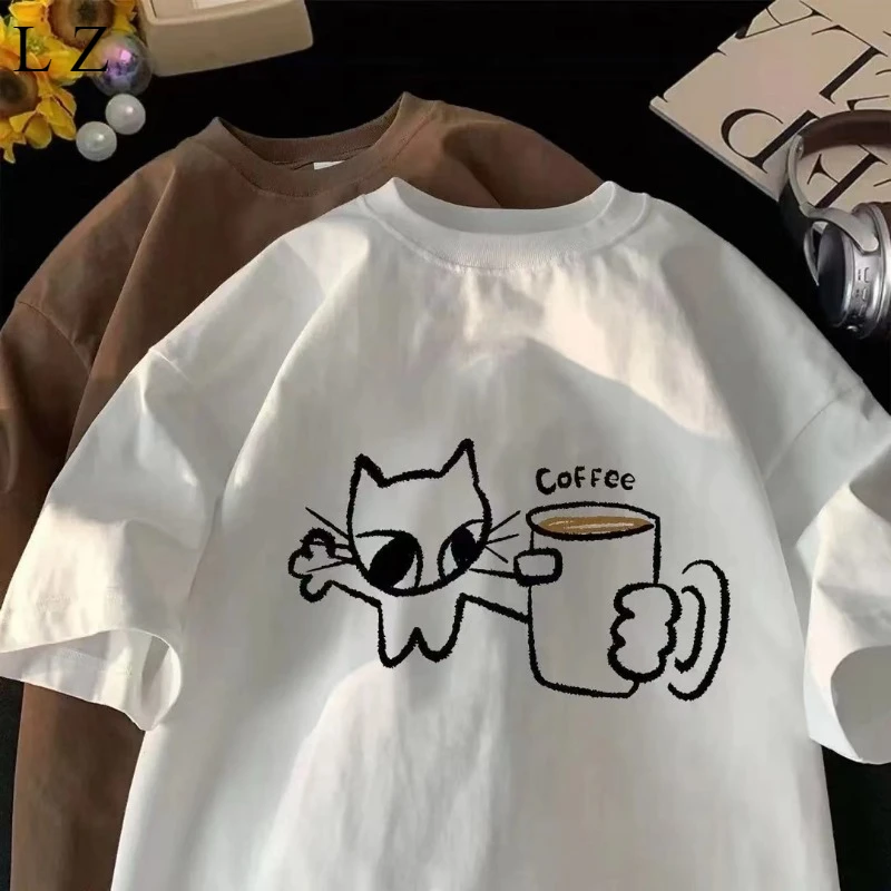 

Универсальная футболка с мотоциклетным мультяшным котенком, мужская и женская свободная футболка с круглым вырезом в уличном стиле, повседневный топ с круглым вырезом и половиной рукавов