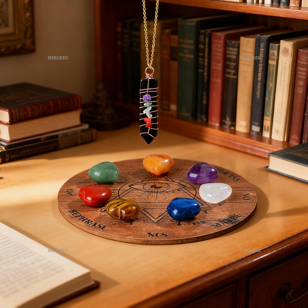 

9pcs Wooden Divination Disc with 7 Chakra Crystals and Pendulum, Suitable for Spiritual Decision-making Tools in Witchcraft
