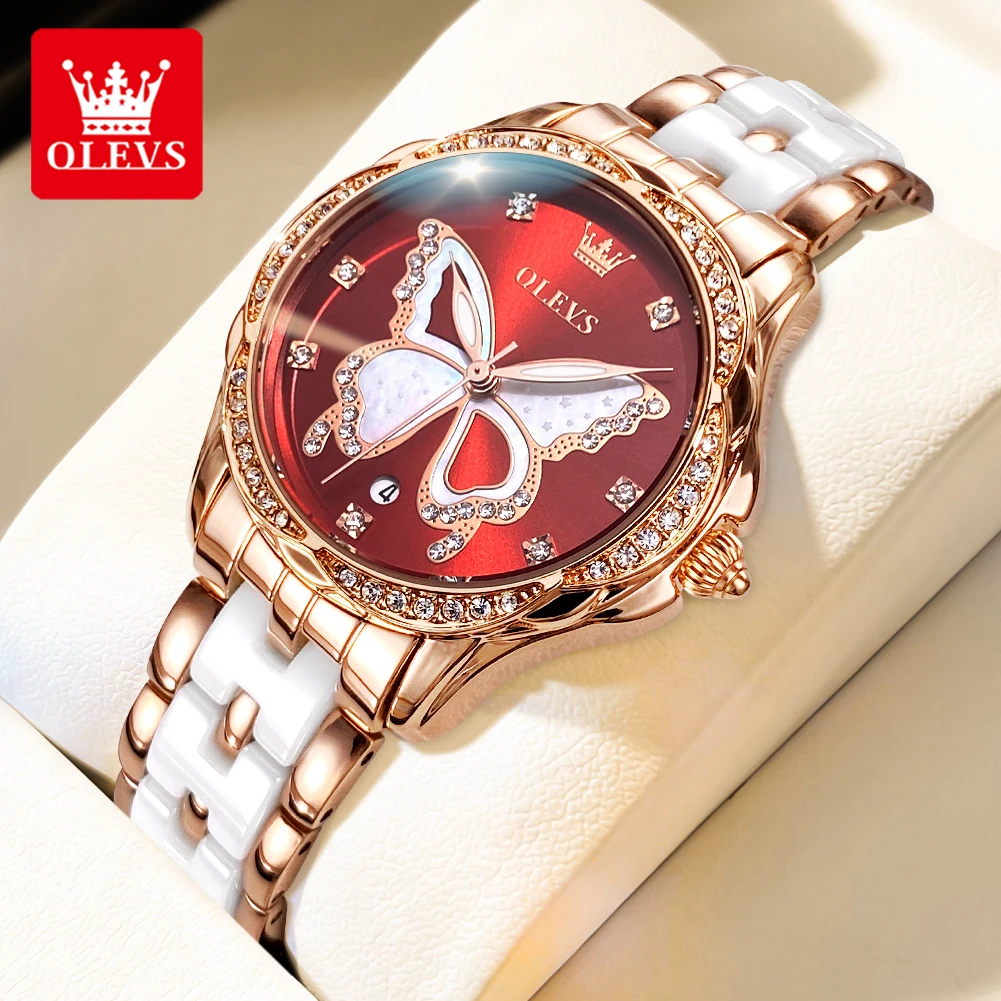 OLEVS 5610 Women Quartz Watch Simple Design Gift Round-dial Ceramic Watchband Wristwatch Calendar Luxury Butterfly Dial Watch