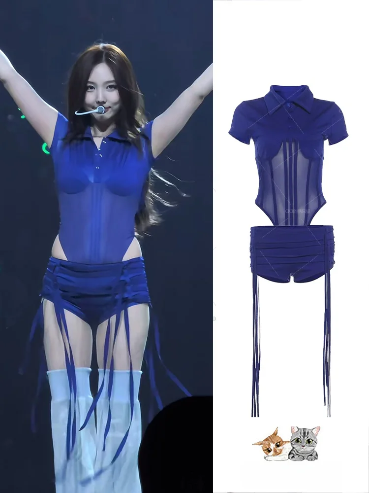 Twice Lin Na Hyun Stage Performance Outfit Short Pants with Sashes Mesh Splice Collared Onesie Feminine And Sexy Outfit