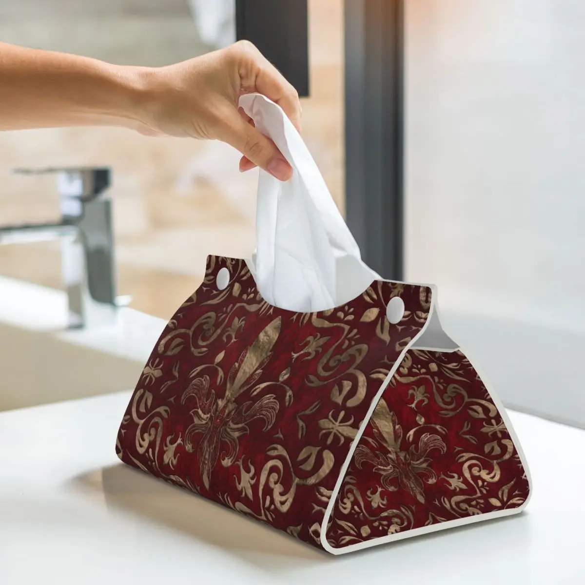 Custom Luxury Lily Flower Fleur-De-Lys Tissue Box Cover PU Leather Rectangular Fleur De Lis Facial Tissues Holder for Home