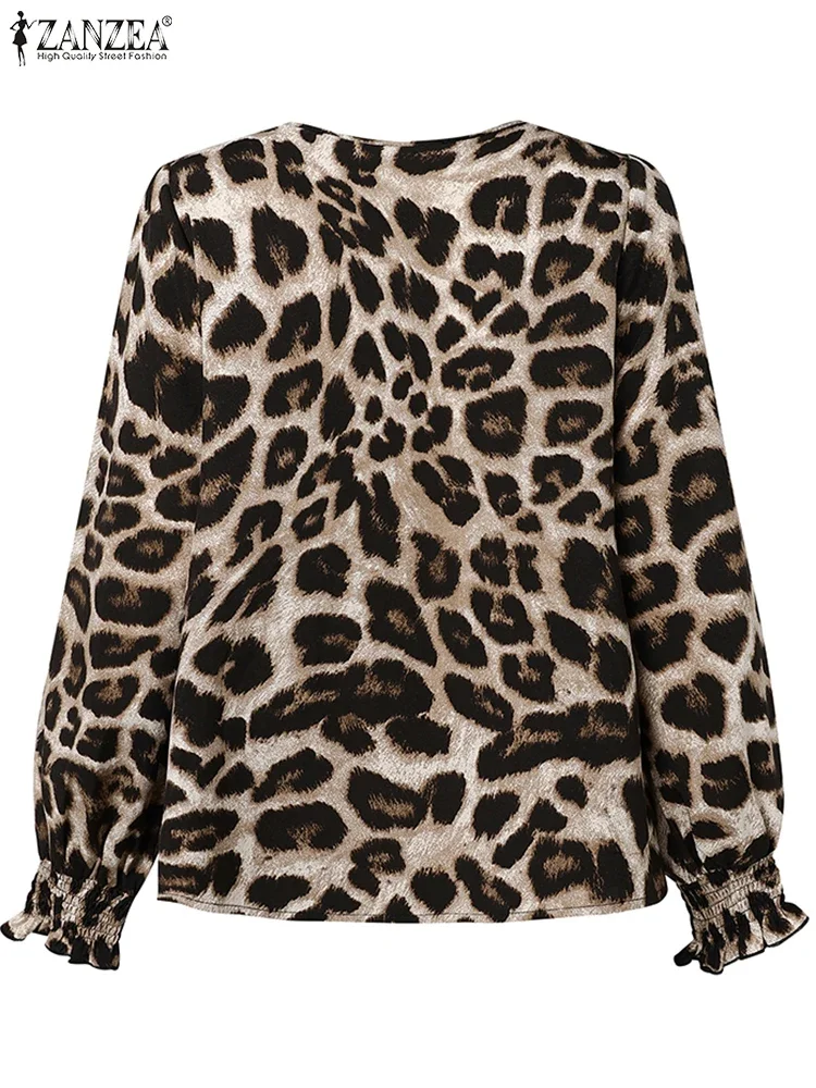 

Plus Size 5XL ZANZEA Women Leopard Printed Tops Vintage See Through Shirts Long Sleeve Ruffled Tunic Holiday V-neck Loose Blusas